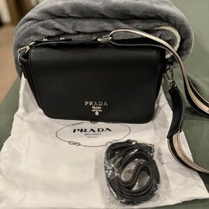 Prada Black Flap bag Medium Size 2 Shoulder Straps Silver Hardware